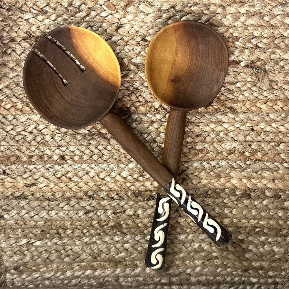 Dinnerware Salad Serving Set Fork Spoon African Batik Style Olive Wood Organic